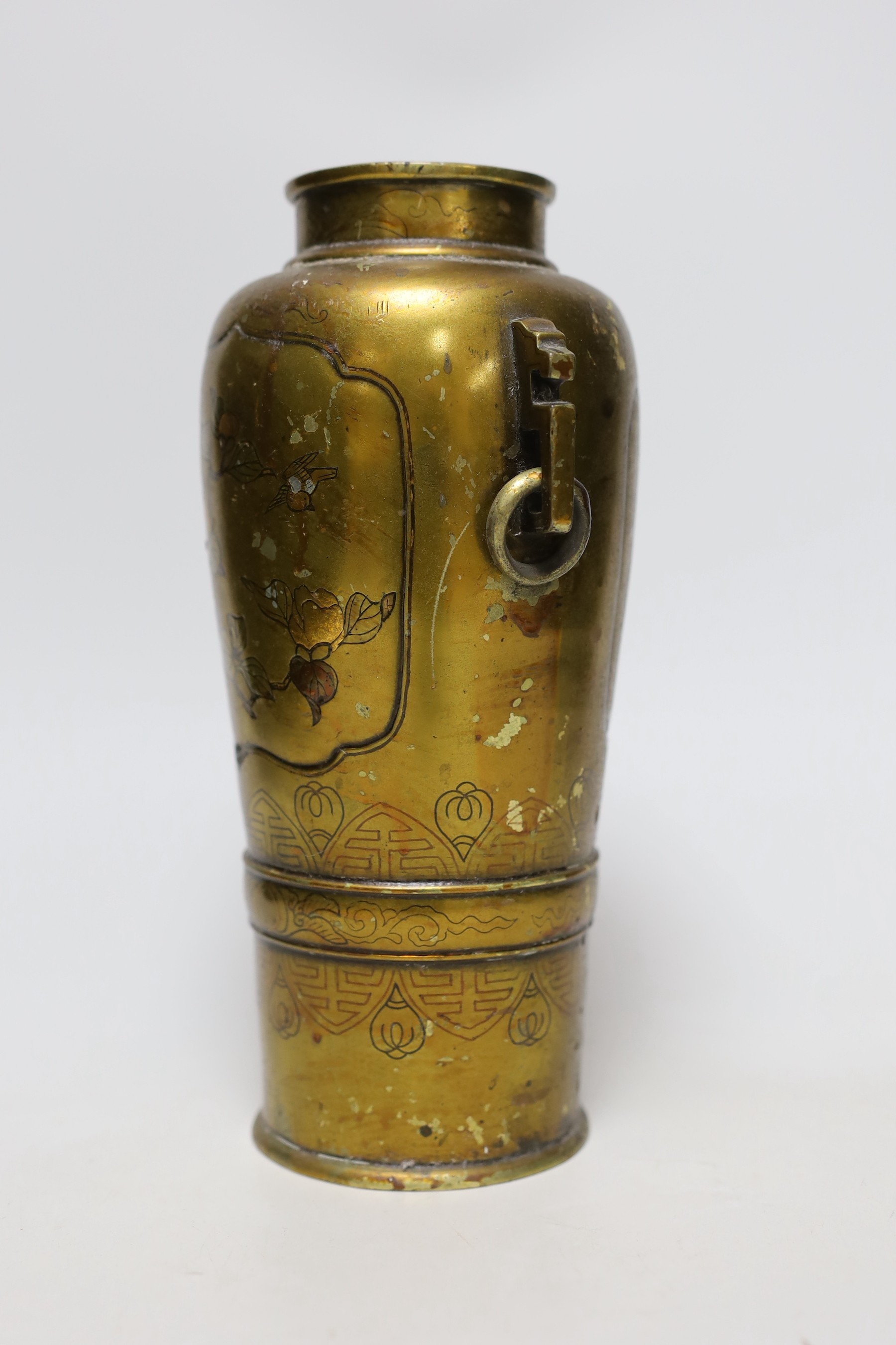 A Japanese bronze and mixed metal vase, later varnished, 24cms high